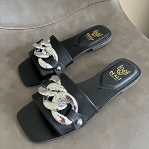 Beast Fashion Black Minimalist Slide Sandals Silver Chain Buckle 6.5 Y2K